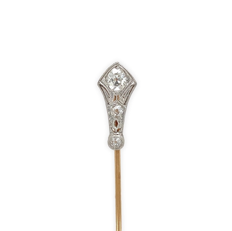 14K Art Deco Stick Pin with Diamond Design and Platinum Top   j7648